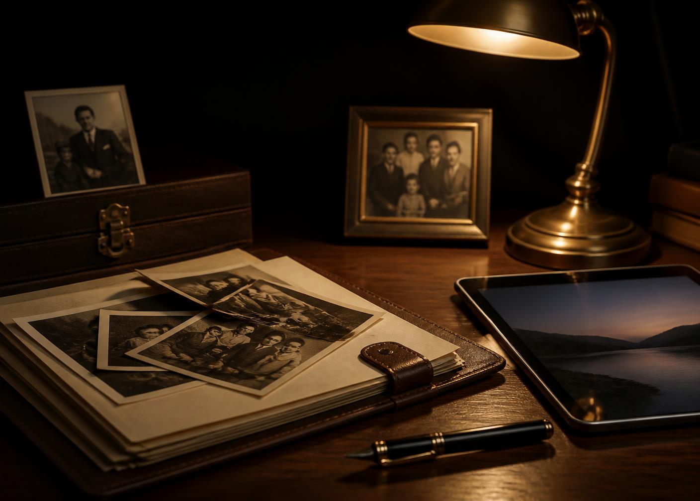 Fotografias de família, documentos em pasta de couro e um tablet sobre uma escrivaninha iluminada