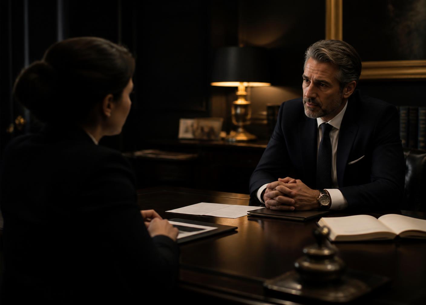 Duas pessoas em conversa discreta sobre uma mesa de madeira escura, com documentos e luz dourada de luminária em escritório elegante