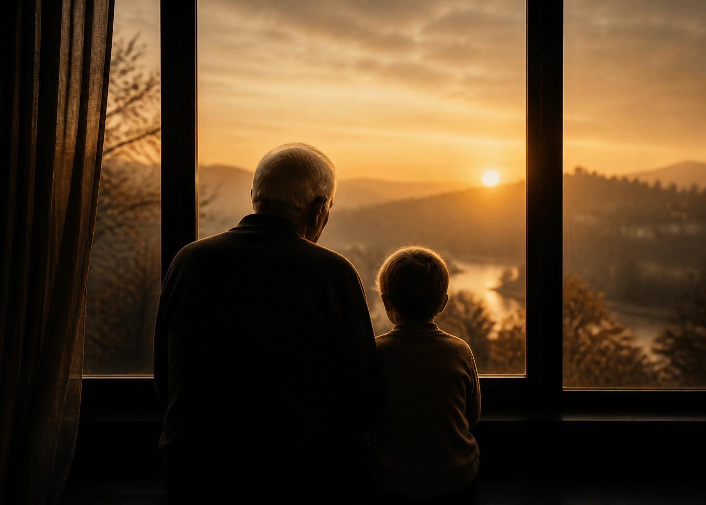 Avô e neto observando o amanhecer dourado através de uma grande janela