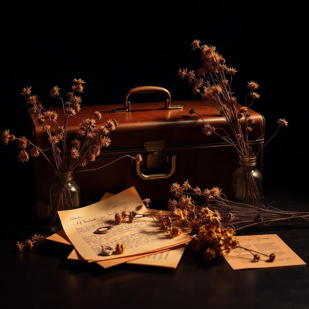 Mala de viagem antiga, cartas e flores secas sobre mesa escura