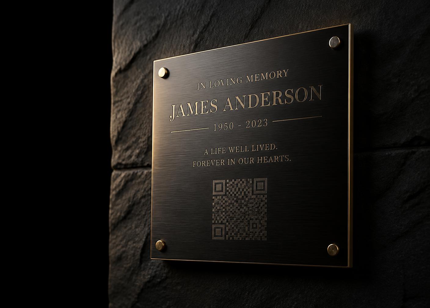 Placa memorial premium em metal escuro com QR Code discreto gravado, iluminada por luz dourada suave