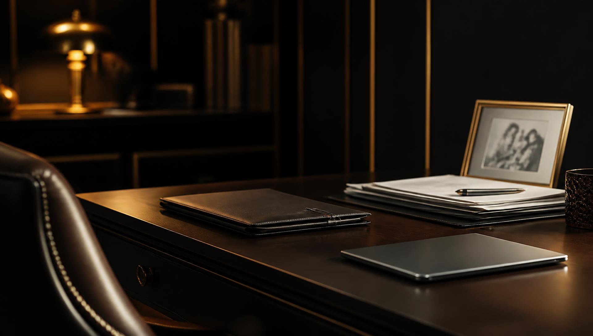 Escrivaninha elegante com documentos, pasta de couro e retrato de família sob luz dourada discreta